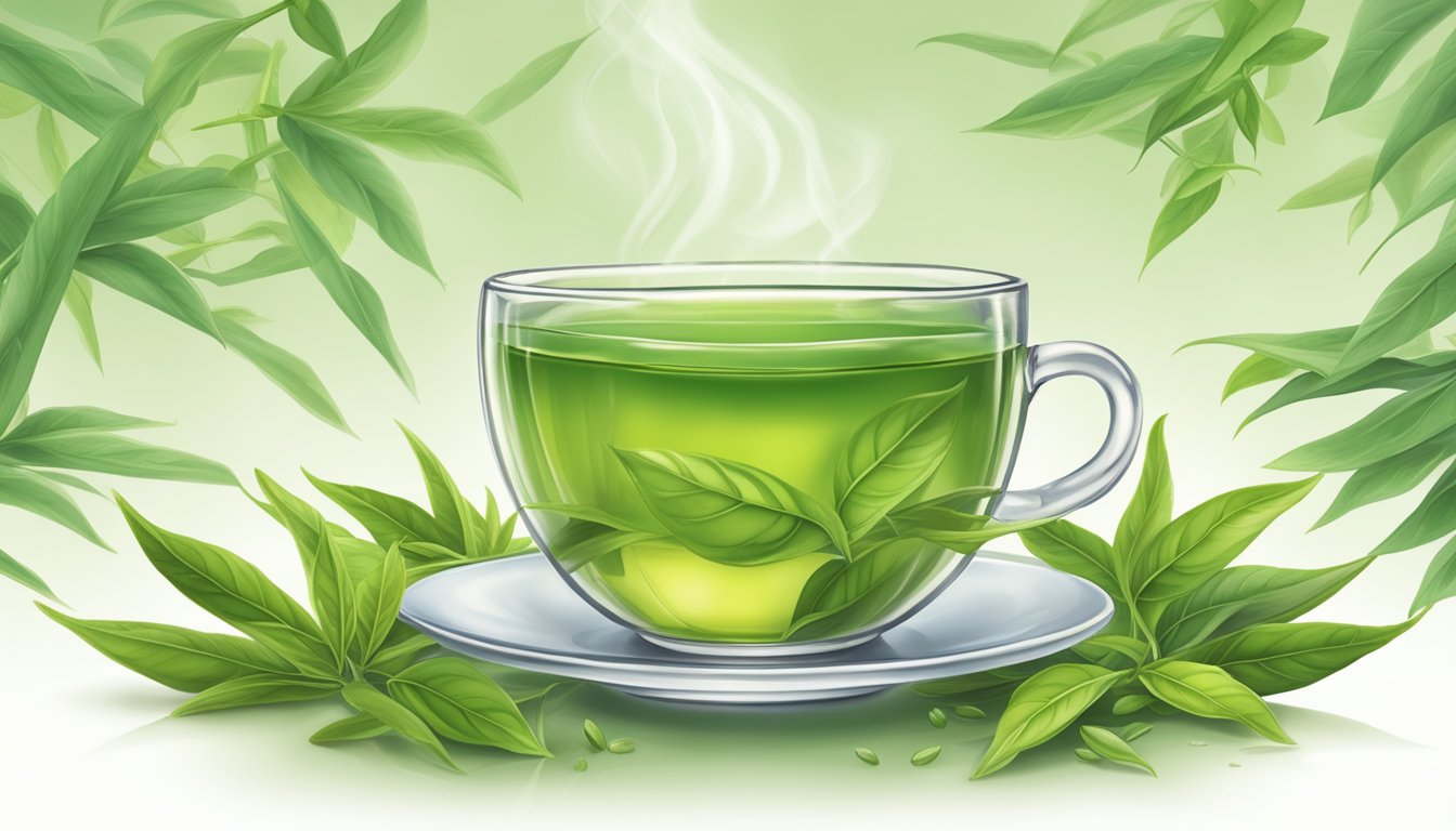 A steaming cup of Bigelow classic green tea surrounded by fresh tea leaves and the aroma of delicate, soothing flavors