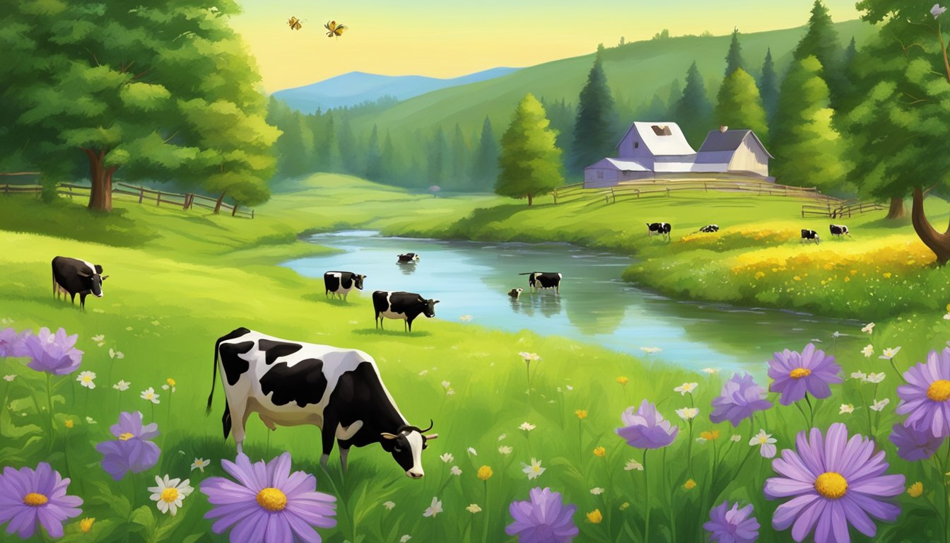 A serene meadow with bees buzzing around wildflowers, a pristine stream, and a small dairy farm with happy cows grazing on lush green grass