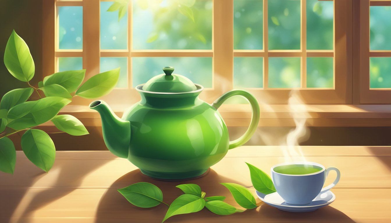 A steaming cup of green tea surrounded by fresh leaves and a teapot on a wooden table. Sunlight filters through a nearby window, casting a warm glow on the scene