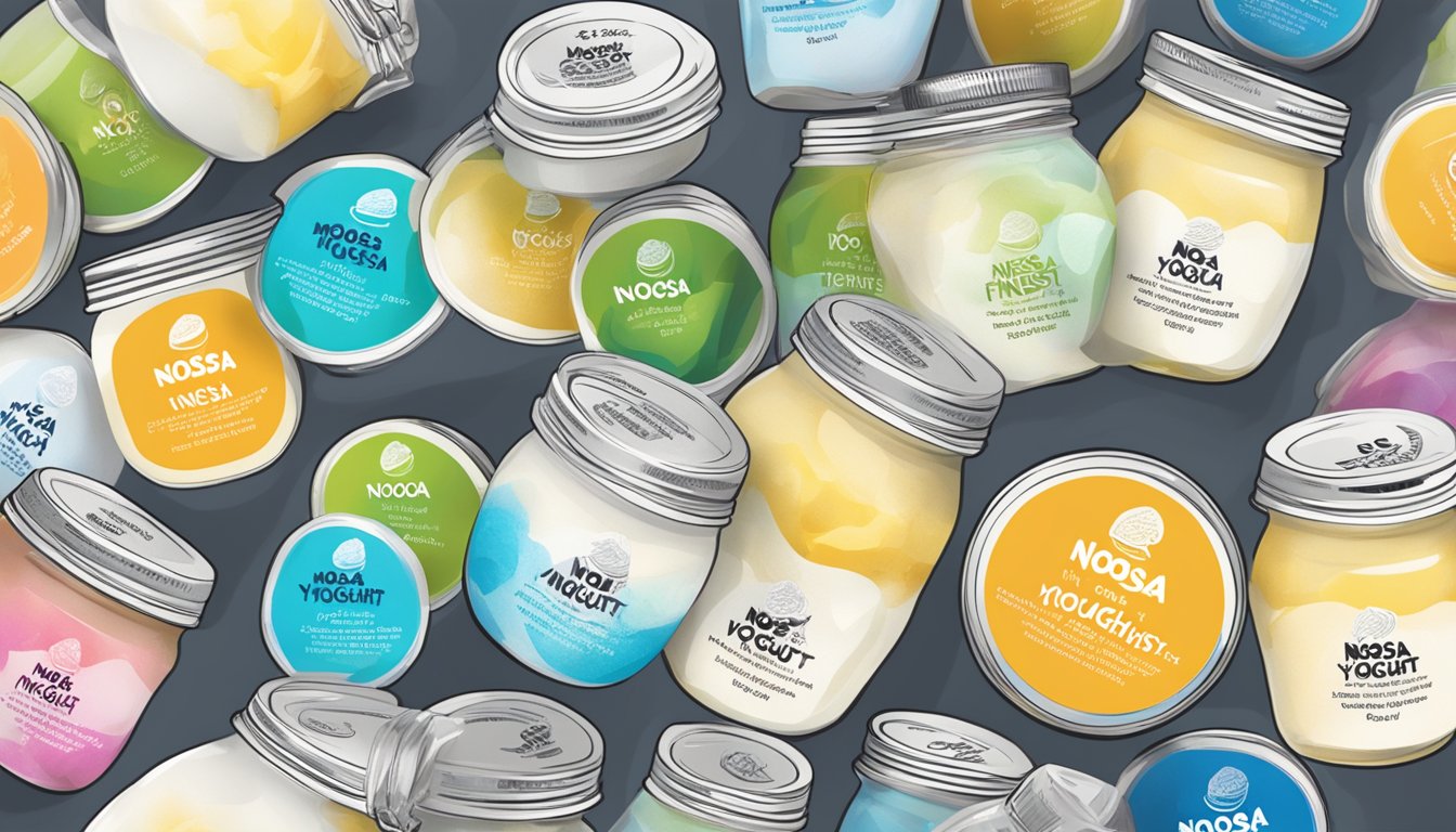 A table filled with jars of Noosa Finest Yoghurt in various flavors, surrounded by glowing customer reviews and testimonials