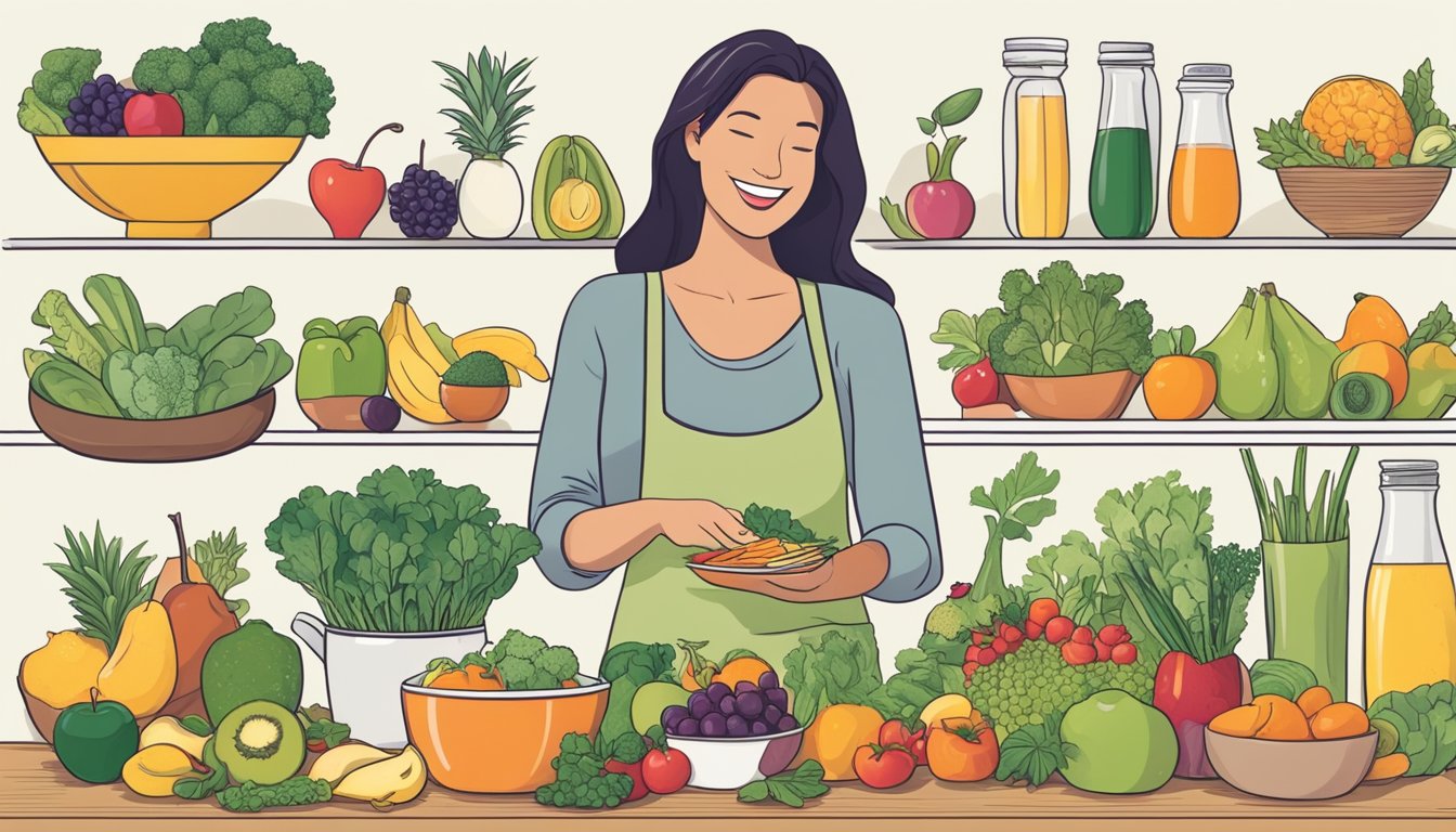 A person happily preparing and enjoying a variety of healthy foods on non-fasting days, while feeling empowered and in control of their diet choices