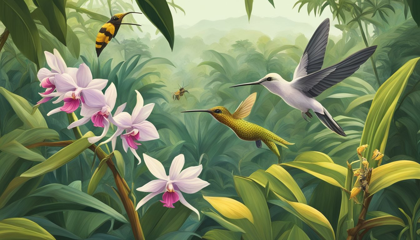 A vanilla orchid blooms in a lush tropical forest, surrounded by pollinating bees and hummingbirds. A farmer carefully selects and harvests the ripe vanilla pods