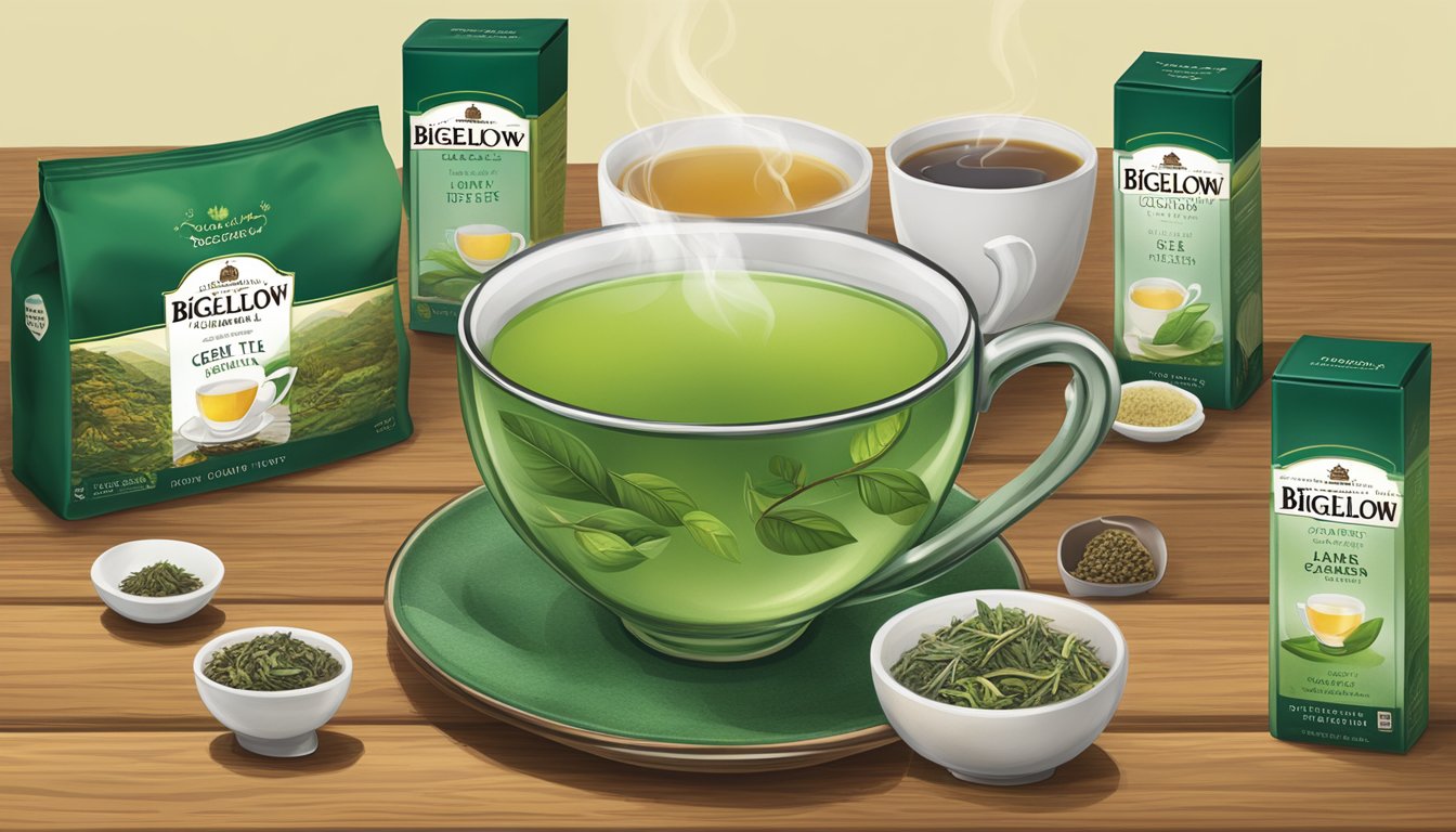 A steaming cup of Bigelow classic green tea sits beside a selection of complementary teas and blends on a wooden table