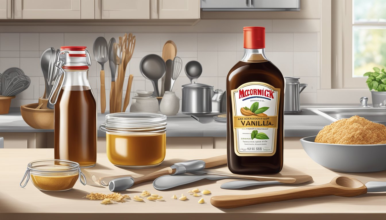 An open bottle of McCormick pure vanilla extract surrounded by baking ingredients and utensils on a kitchen counter