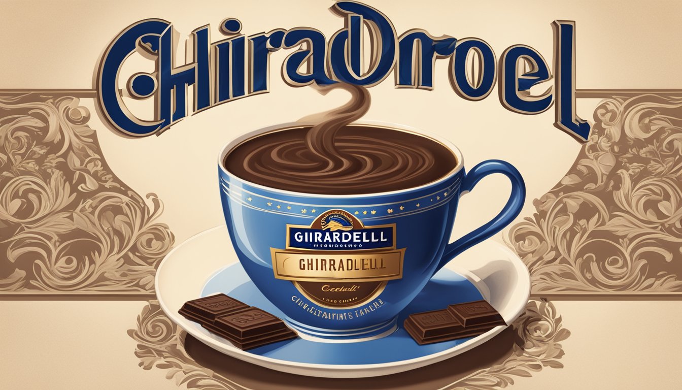 A vintage cocoa advertisement featuring the iconic Ghirardelli logo and a steaming cup of rich, dark cocoa