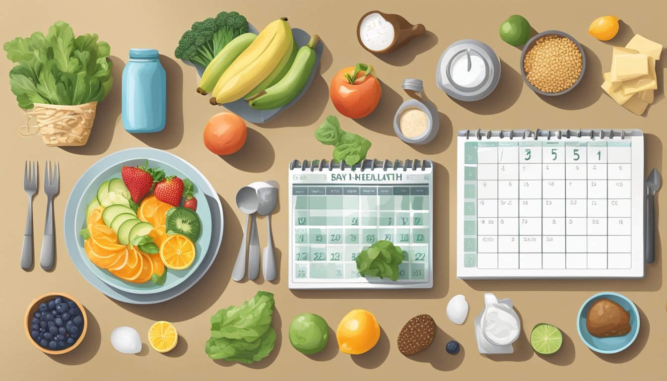 A kitchen counter with a variety of healthy and indulgent foods, a calendar with 5:2 diet days marked, and different lifestyle elements such as exercise equipment or work materials