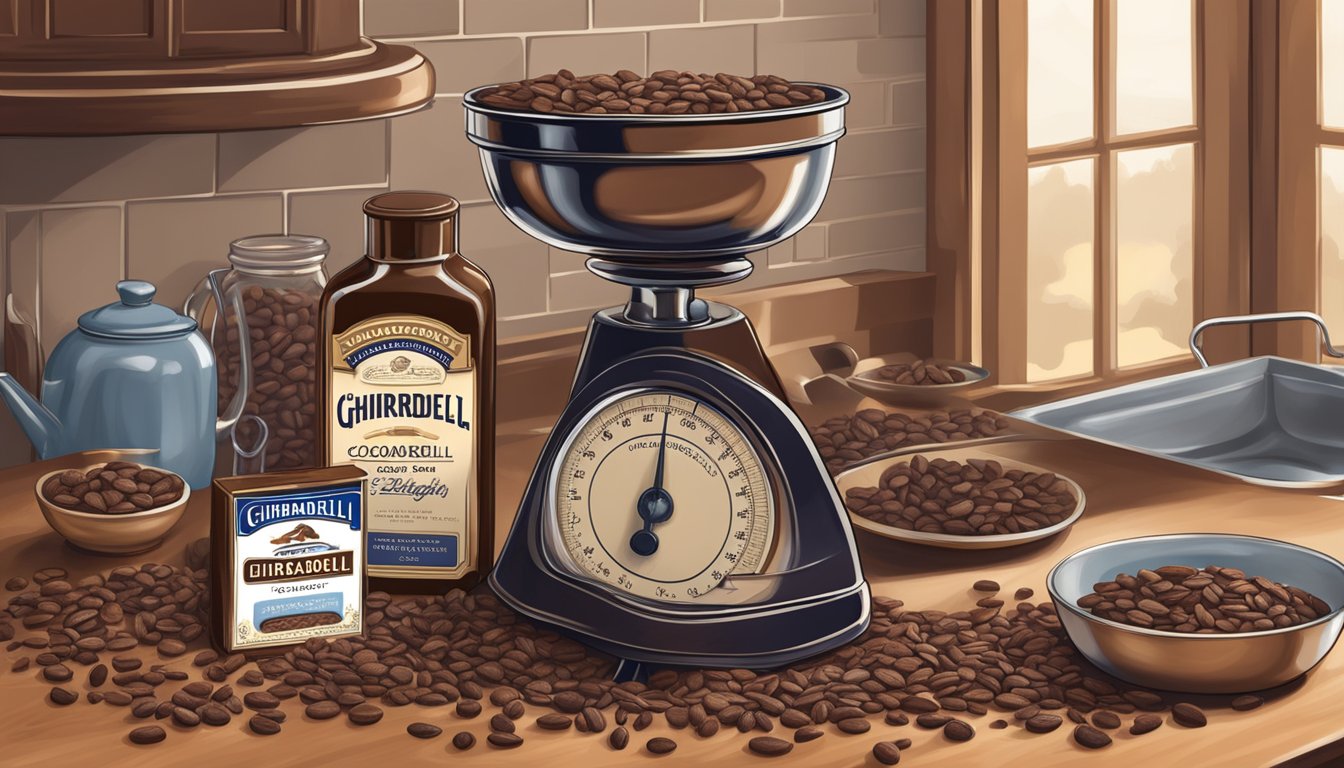 A bag of Ghirardelli premium baking cocoa surrounded by cocoa beans and a vintage-style kitchen scale