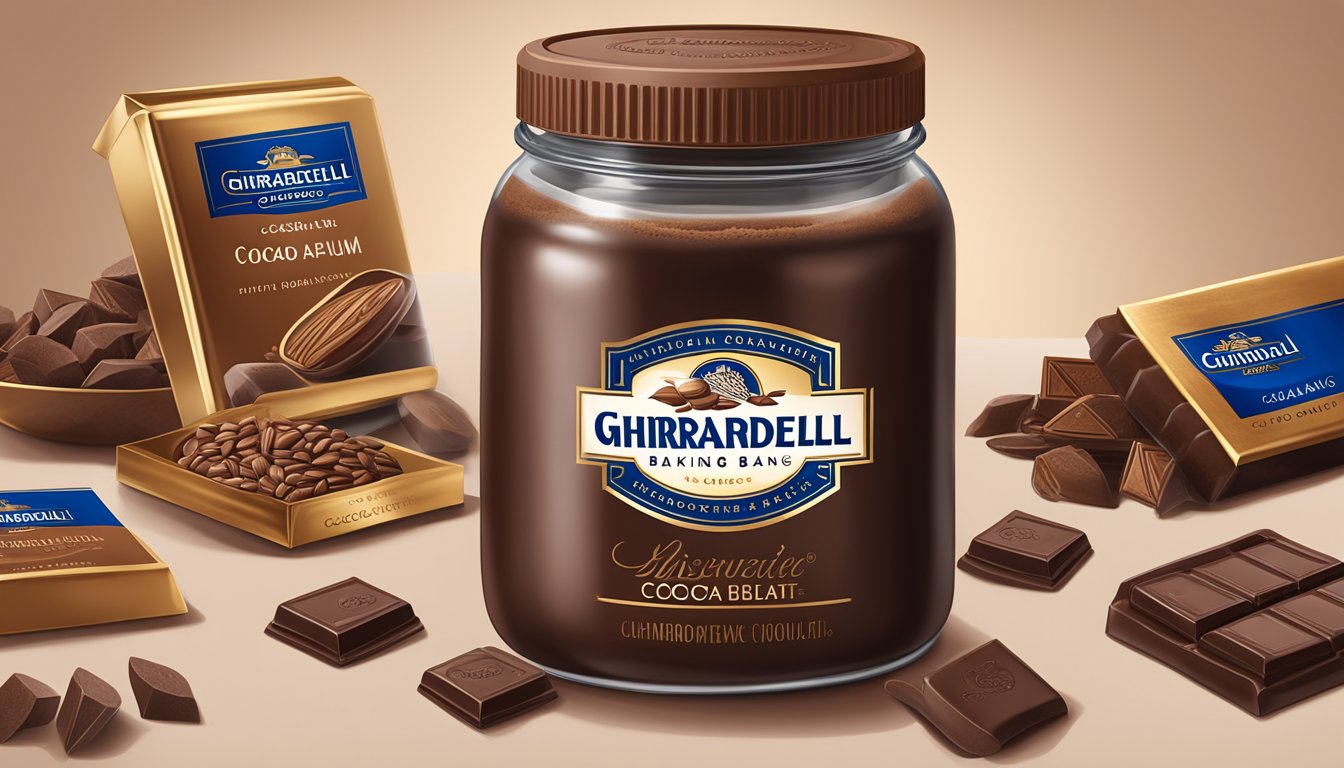 A jar of Ghirardelli premium baking cocoa surrounded by chocolate bars and cocoa beans