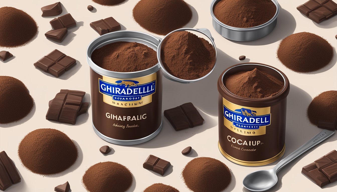 A close-up of a canister of Ghirardelli Premium Baking Cocoa surrounded by scattered cocoa powder and a measuring spoon