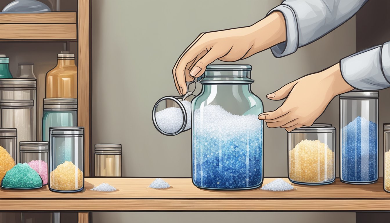 A hand pouring Diamond Crystal Kosher Salt into a glass jar for storage