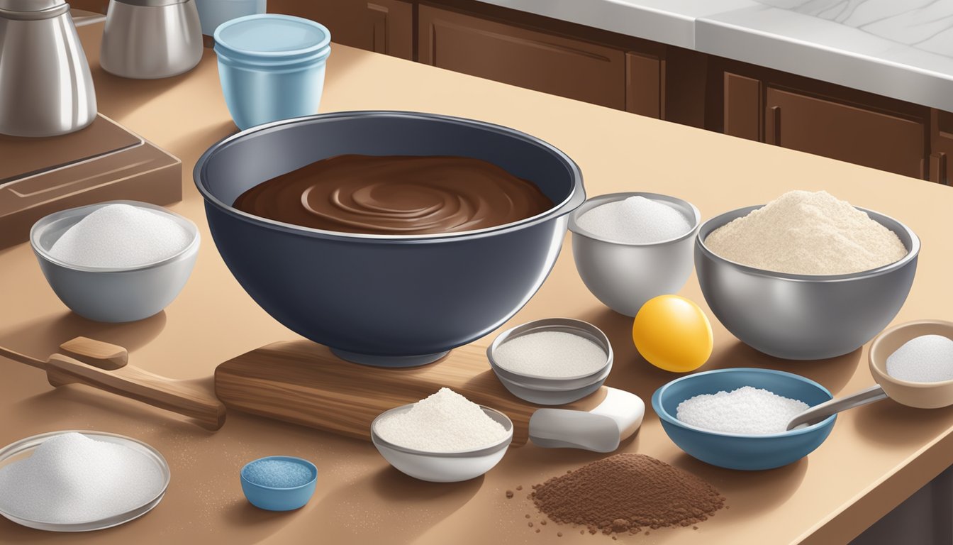 A mixing bowl filled with ghirardelli premium baking cocoa surrounded by ingredients like flour, sugar, and eggs on a kitchen counter