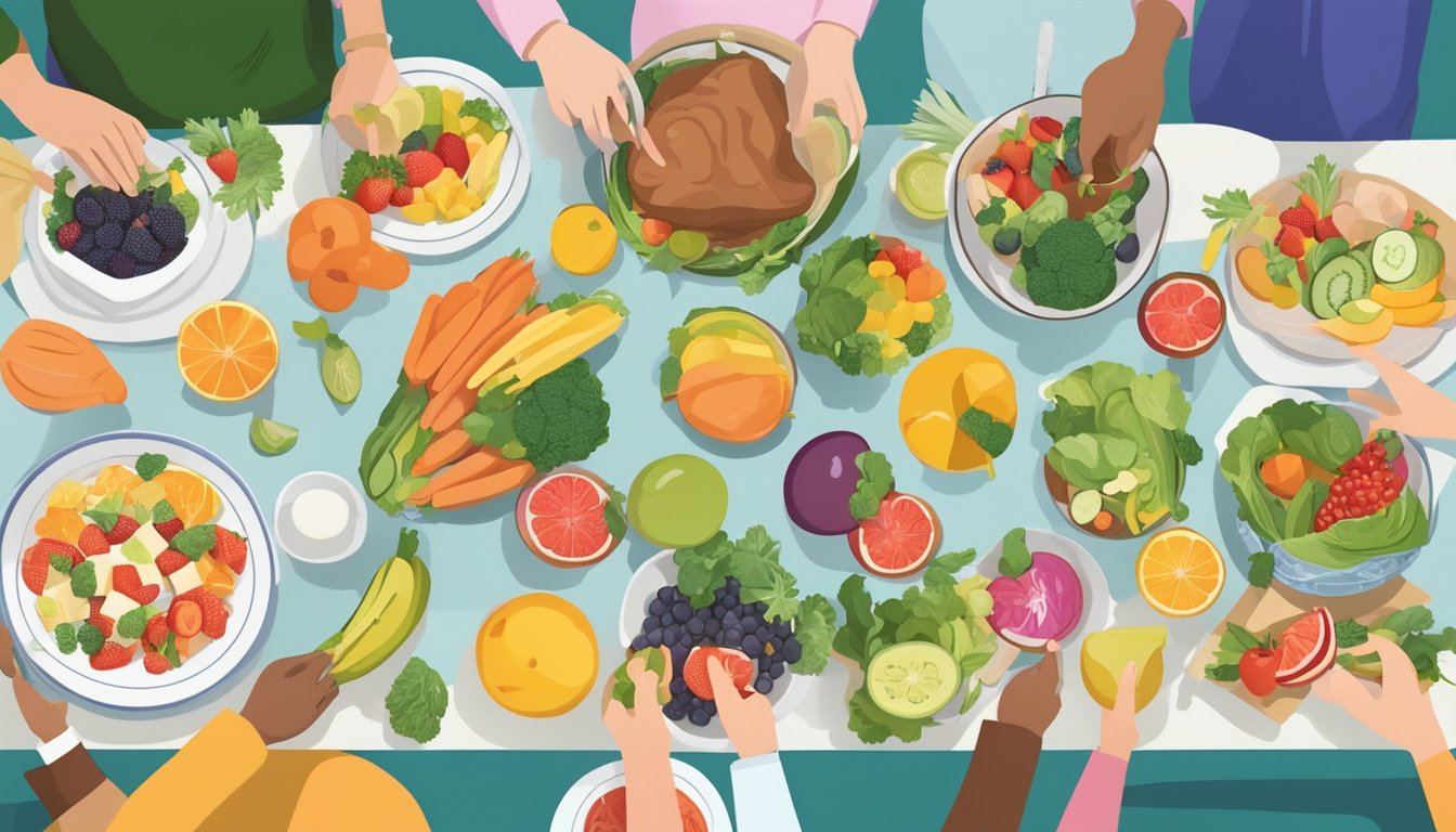 A person preparing a balanced meal surrounded by friends at a dinner party. The table is filled with colorful fruits, vegetables, and lean proteins