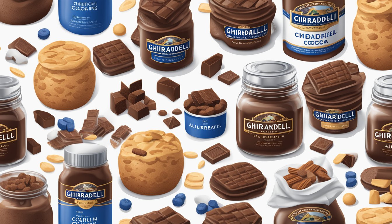 A jar of ghirardelli premium baking cocoa surrounded by various allergen icons and dietary symbols