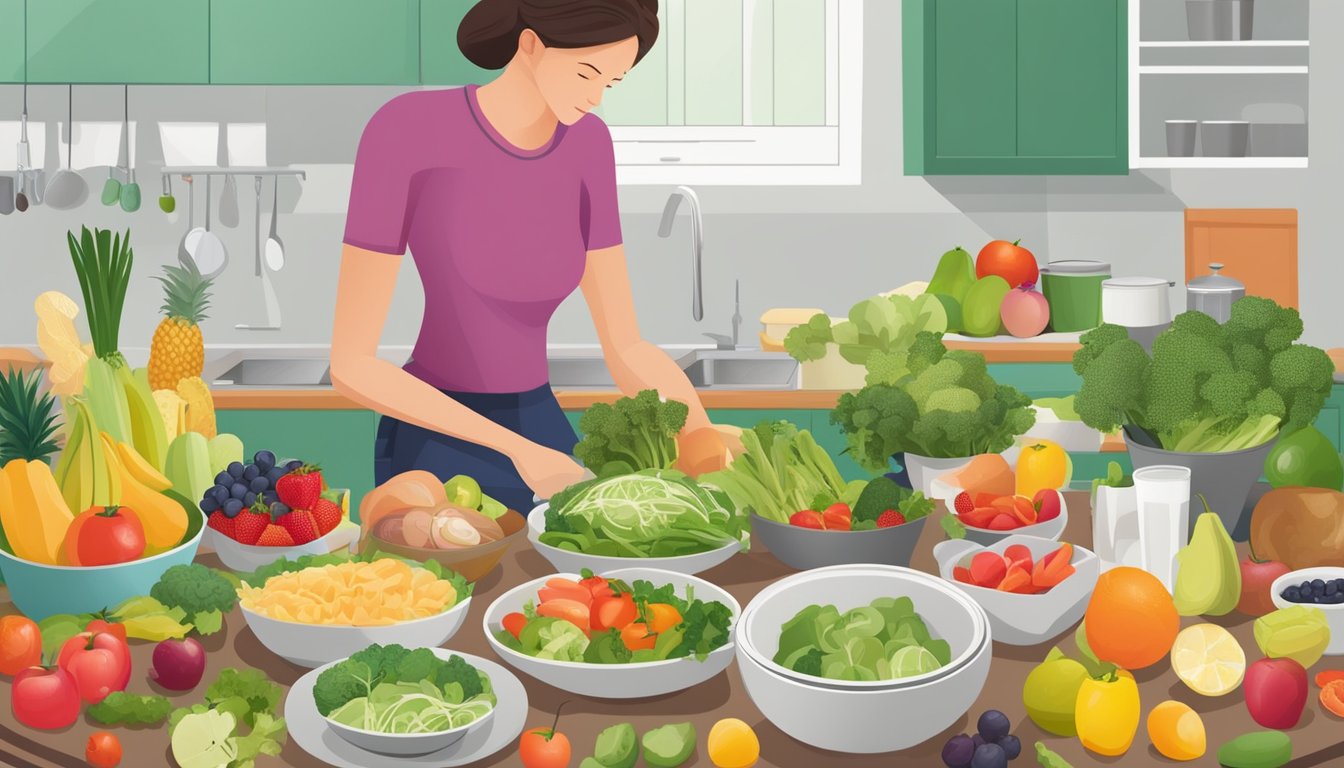 A person preparing a variety of healthy meals for the 5:2 diet, surrounded by fresh fruits, vegetables, and lean proteins, with a calendar showing fasting and feasting days