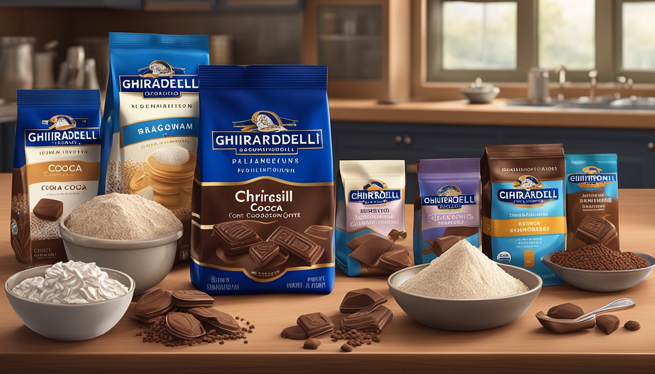 A bag of Ghirardelli premium baking cocoa surrounded by various baking ingredients on a kitchen counter