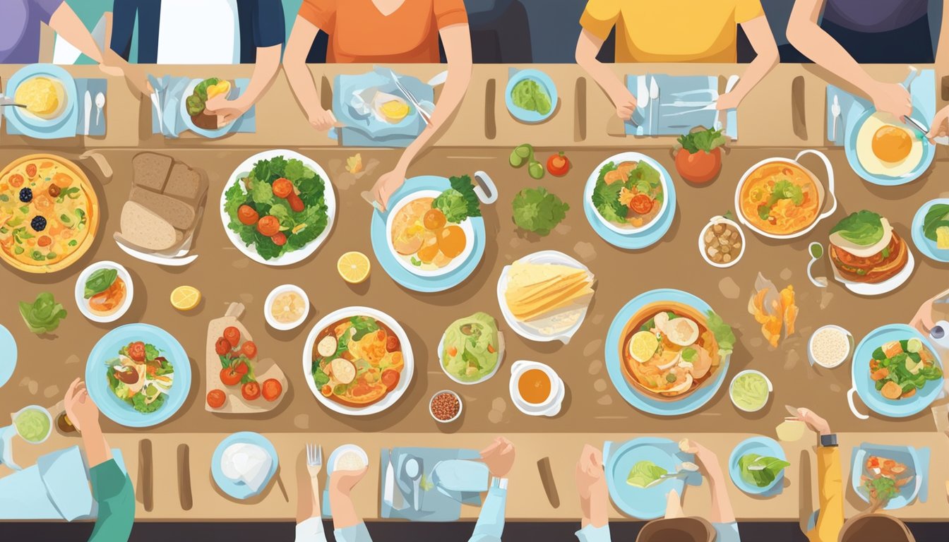 A table with various foods and meal plans for different lifestyles, surrounded by active individuals engaged in different activities