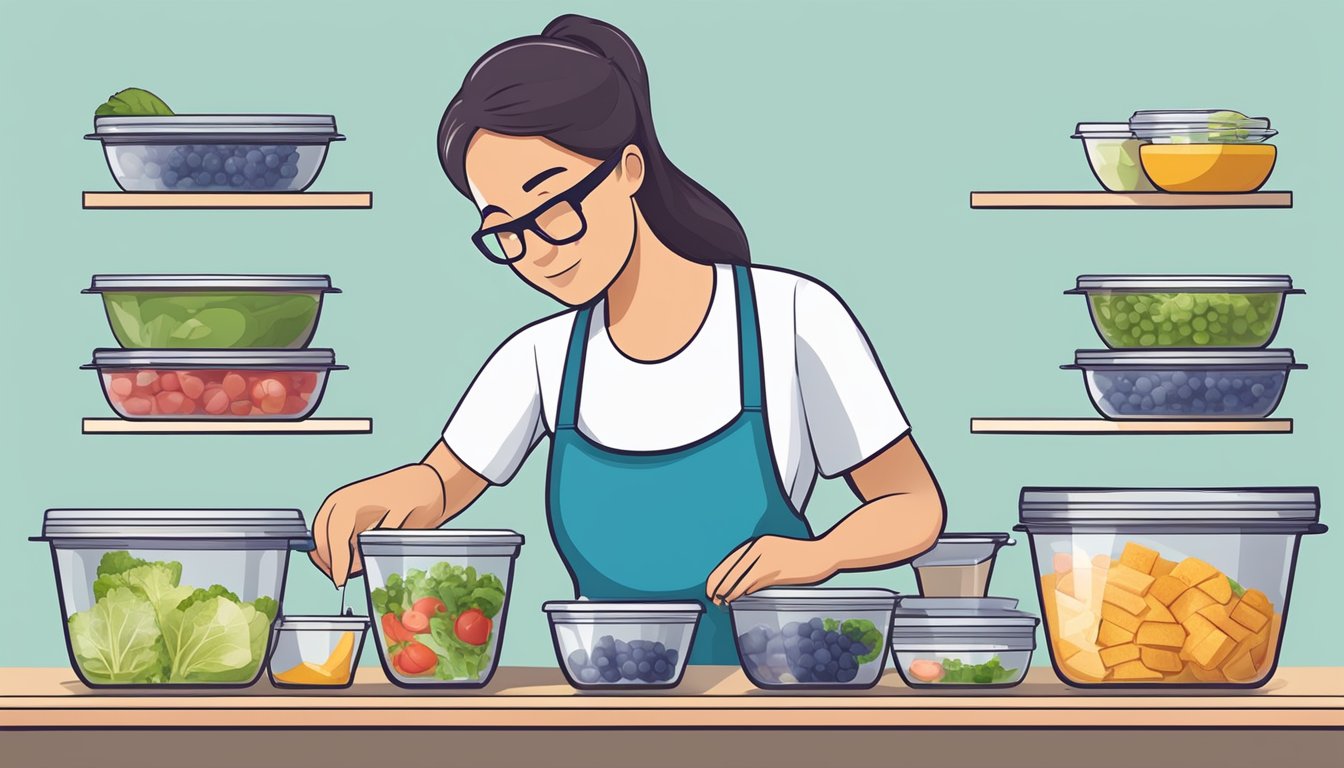 A person preparing and portioning out their meals for the week, using measuring cups and containers to ensure they stick to the 5:2 diet plan