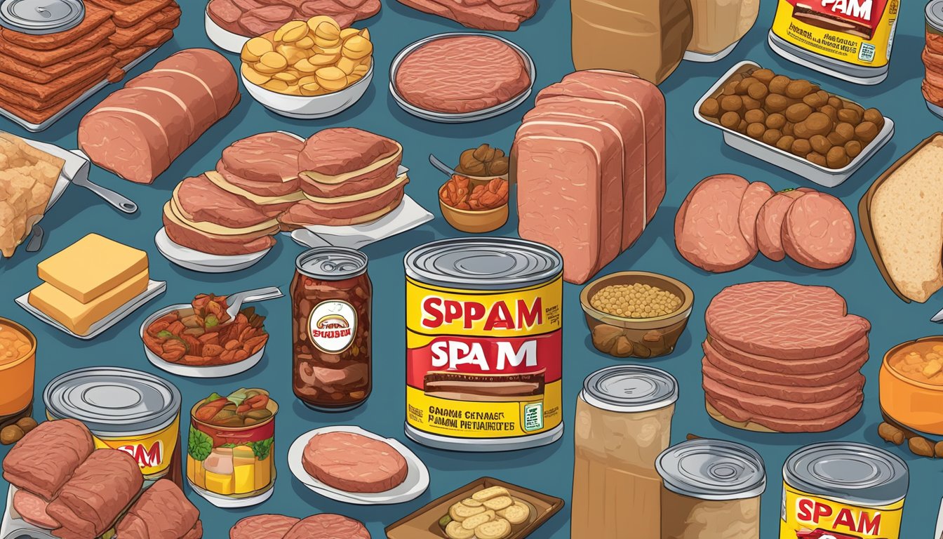 A can of classic spam meat surrounded by various food items, highlighting its nutritional profile