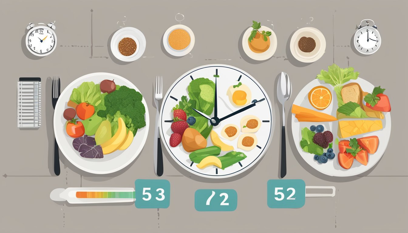 A table with two columns labeled "5:2 Diet" and "Other Intermittent Fasting Methods." Various food items and a clock are placed next to each column for comparison