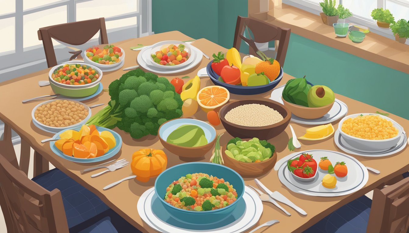 A dining table set with a variety of healthy, colorful foods, including fruits, vegetables, lean proteins, and whole grains. A calendar on the wall shows alternating days marked for fasting and feasting