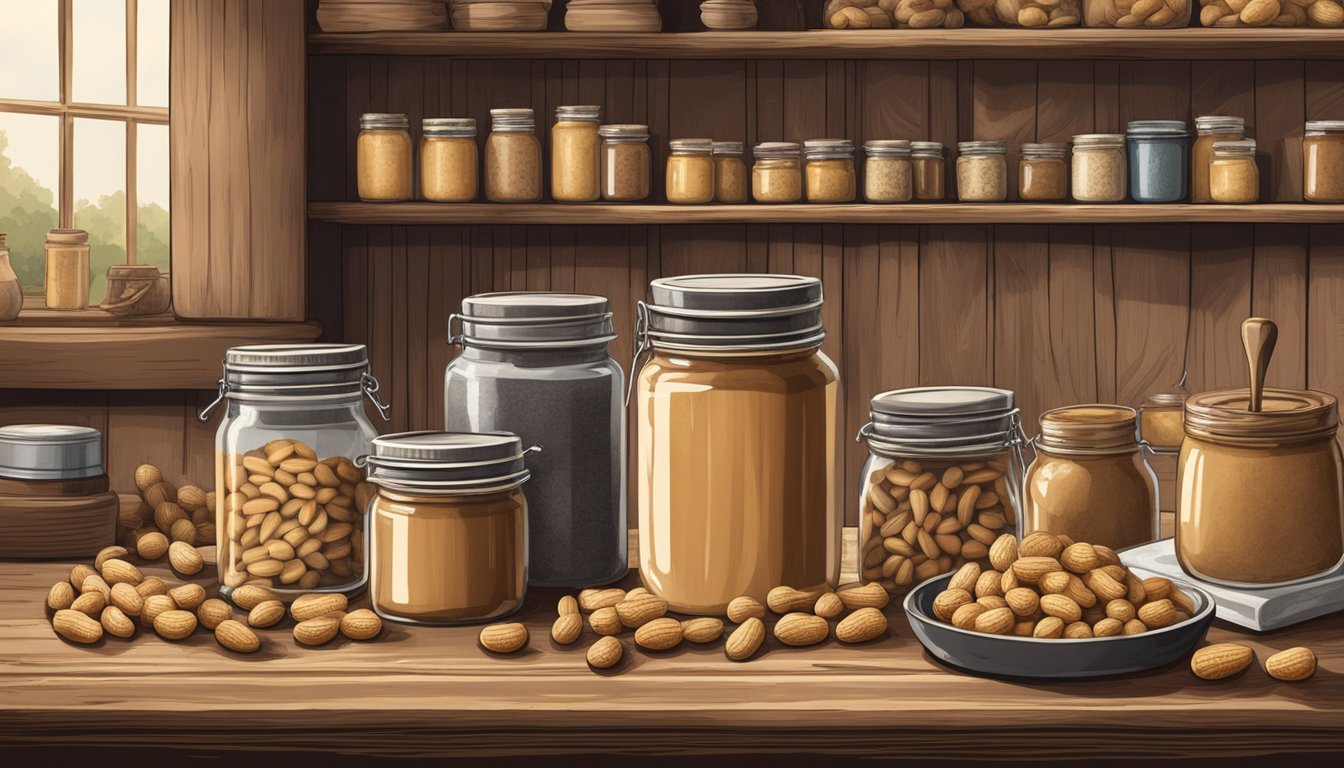 A vintage-style kitchen with old-fashioned jars of peanut butter on a rustic wooden table, surrounded by images of peanuts and historical artifacts