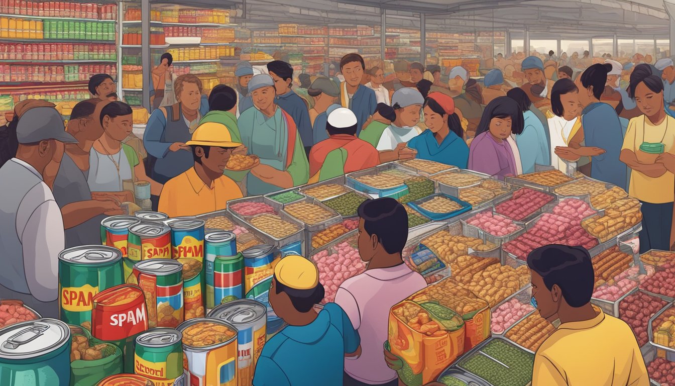 A crowded market with shelves of colorful cans of spam, surrounded by people from different cultures