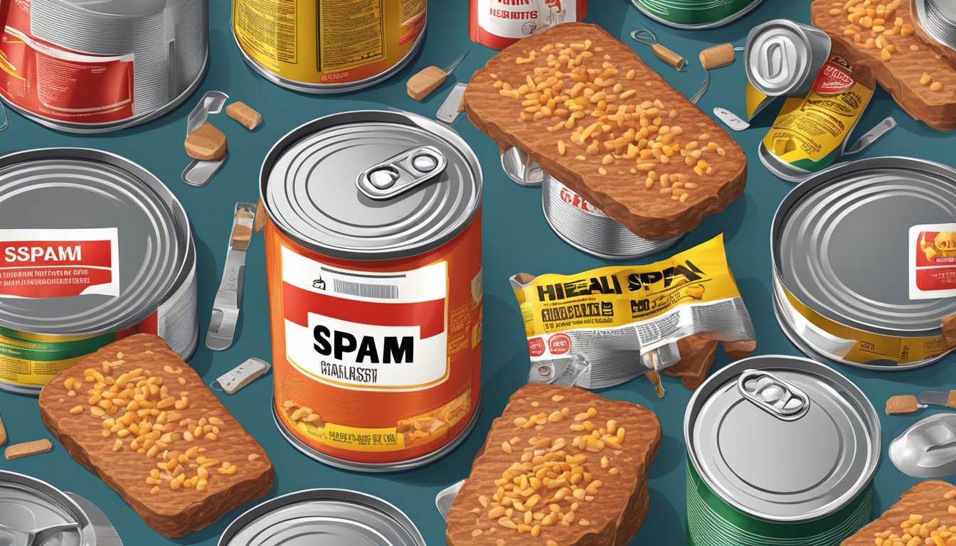 A can of classic canned meat surrounded by health and safety warning symbols and spam cans