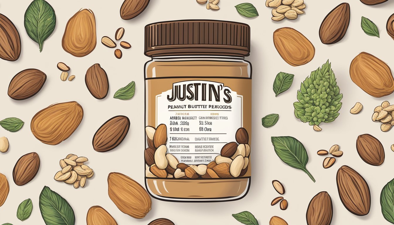 A jar of Justin's Classic Peanut Butter surrounded by a variety of nuts and seeds, with a nutritional label displayed prominently