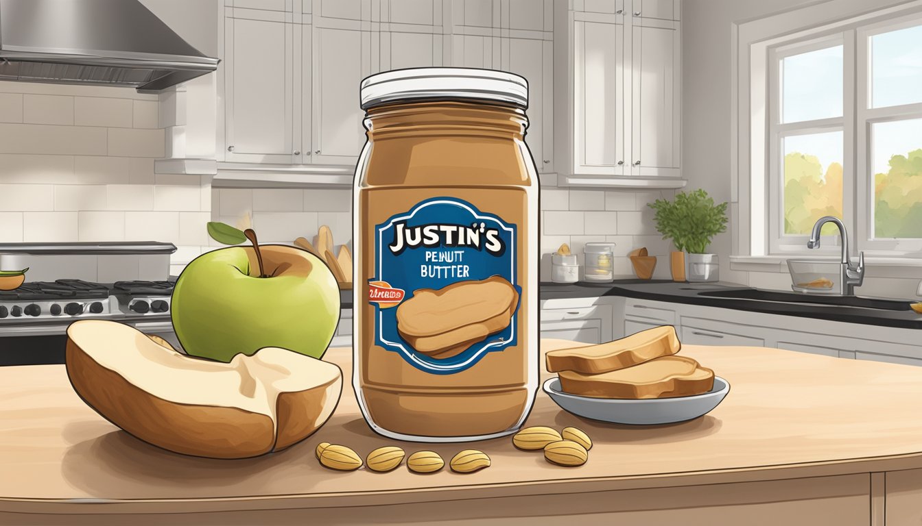 A jar of Justin's Classic Peanut Butter sits open on a kitchen counter, surrounded by freshly sliced apples and a loaf of bread