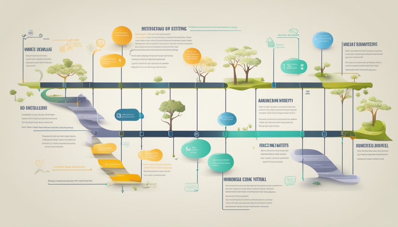 A timeline of historical events related to dieting, with key moments highlighted and connected by a winding path