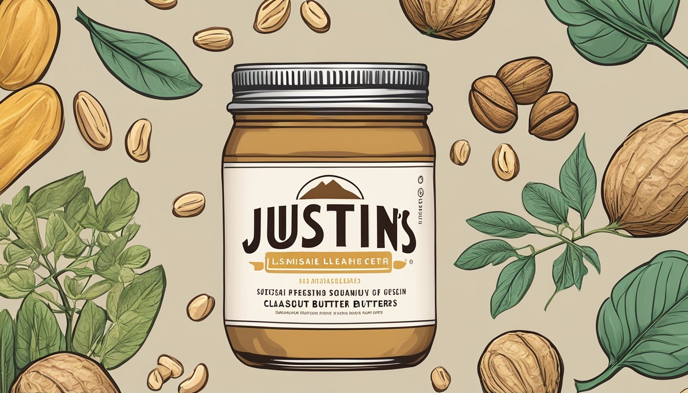 A jar of Justin's Classic Peanut Butter surrounded by sustainable and responsibly sourced ingredients, with a focus on eco-friendly packaging