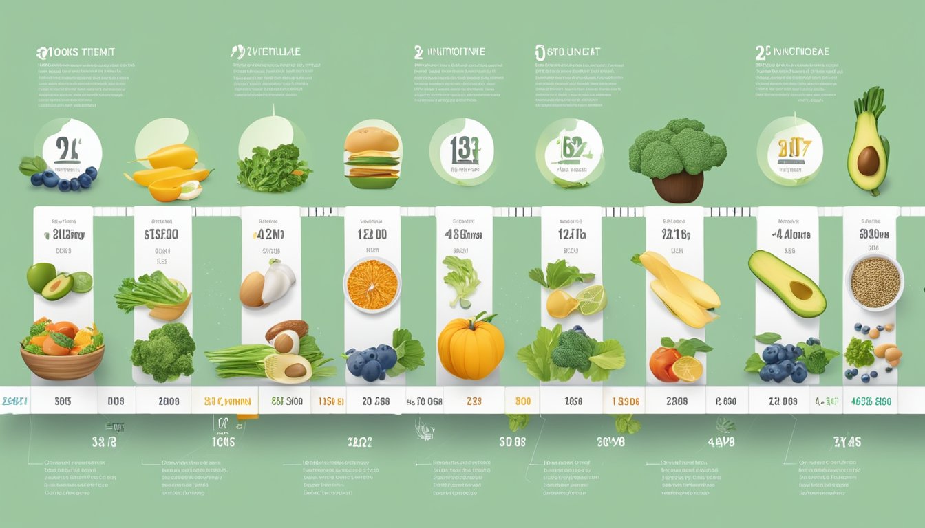 A timeline of nutritional components and historical events related to the 5:2 diet, with key dates and icons representing its origins and popularity