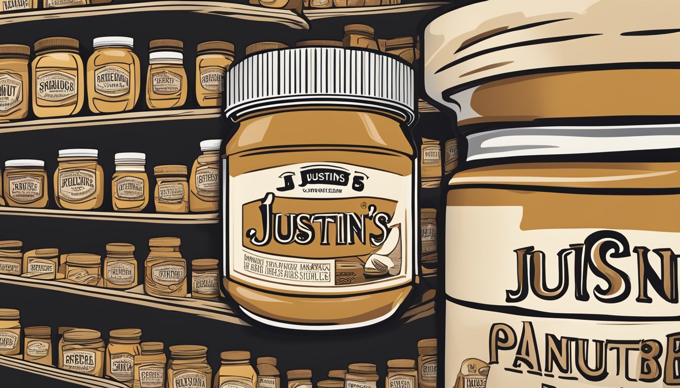 A jar of Justin's Classic Peanut Butter stands out on a crowded shelf with its distinctive label and earthy color scheme