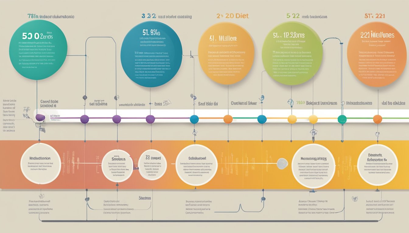 A timeline showing the evolution of the 5:2 diet, with key milestones and historical events depicted in a linear fashion