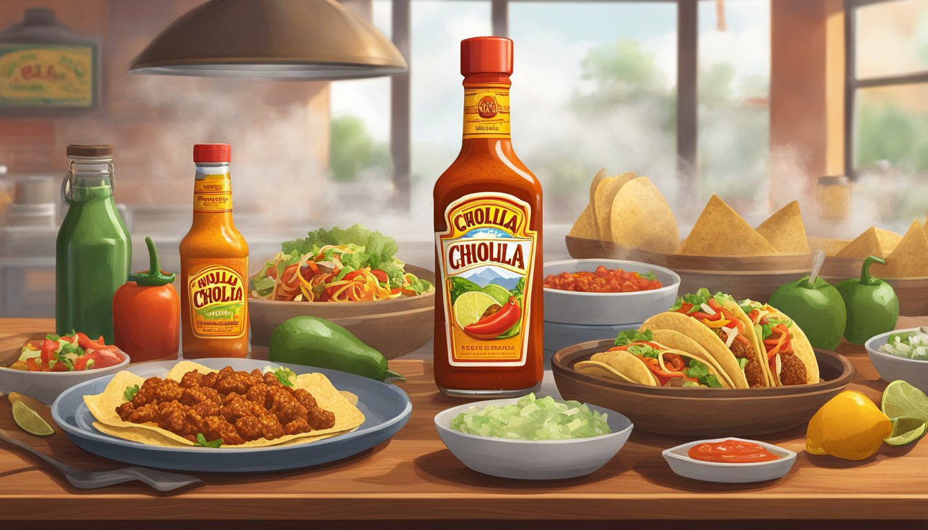 A bottle of Cholula hot sauce sits on a table surrounded by various foods, with steam rising from a plate of spicy tacos