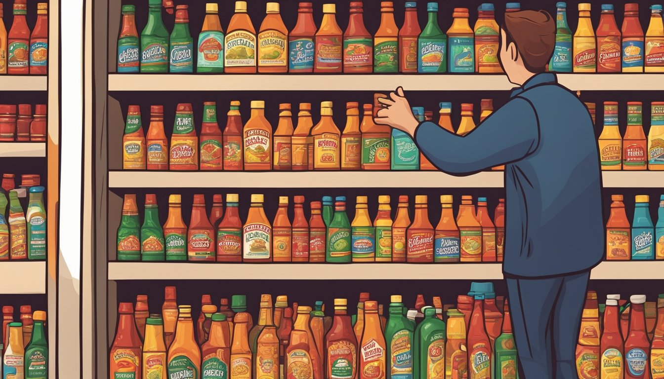 A hand reaching for a bottle of Cholula hot sauce on a grocery store shelf, surrounded by other condiments