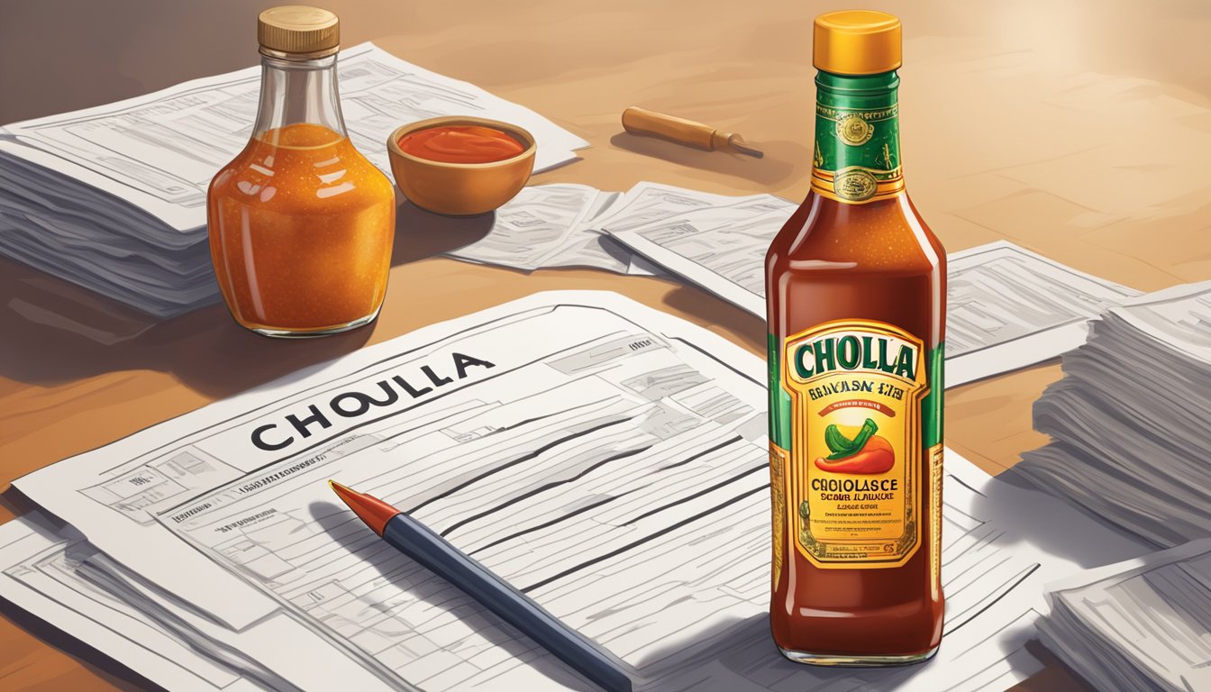 A bottle of Cholula hot sauce surrounded by regulatory and compliance documents