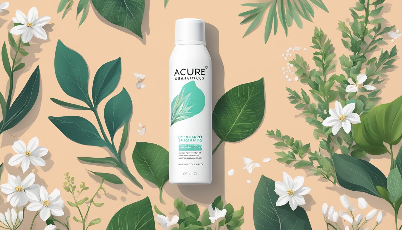 A bottle of Acure Organics dry shampoo surrounded by natural and organic elements like flowers, herbs, and leaves