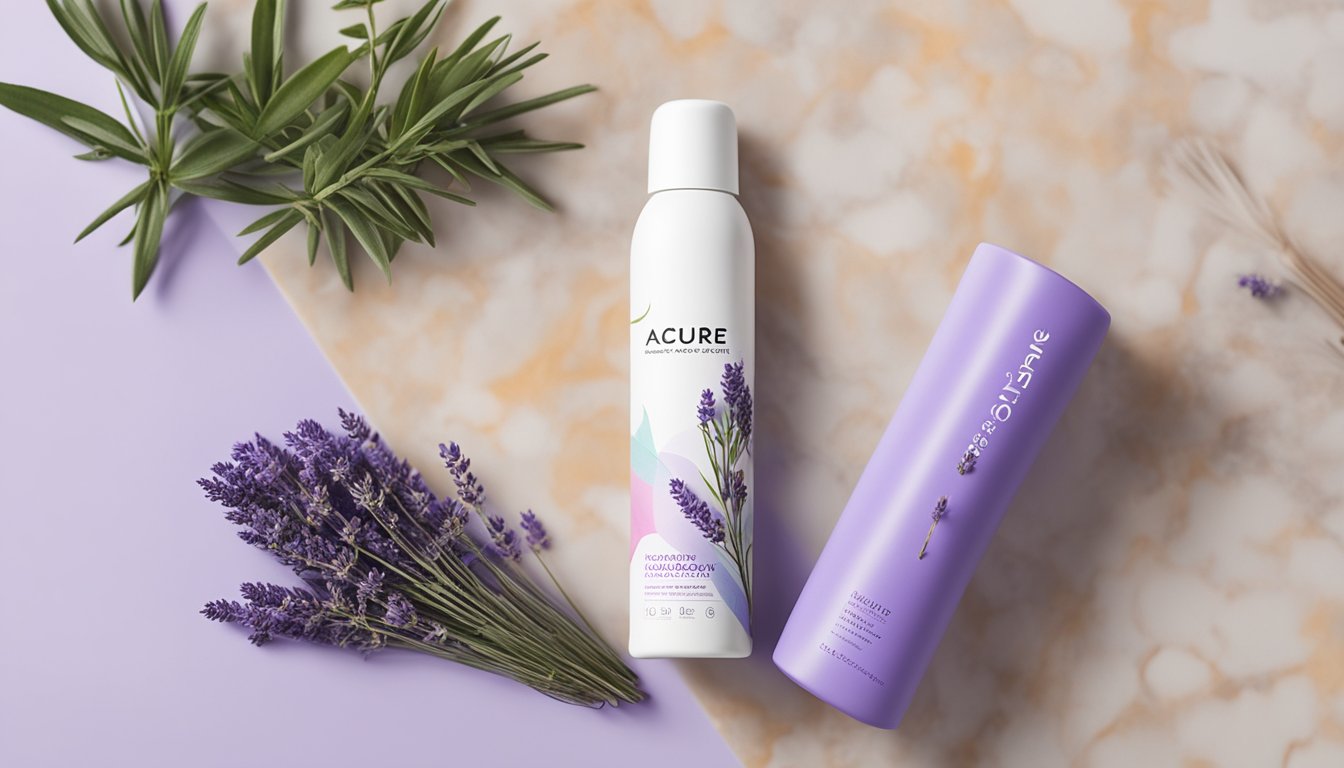 A bottle of Acure Organics dry shampoo sits on a marble countertop next to a hairbrush and a few sprigs of lavender