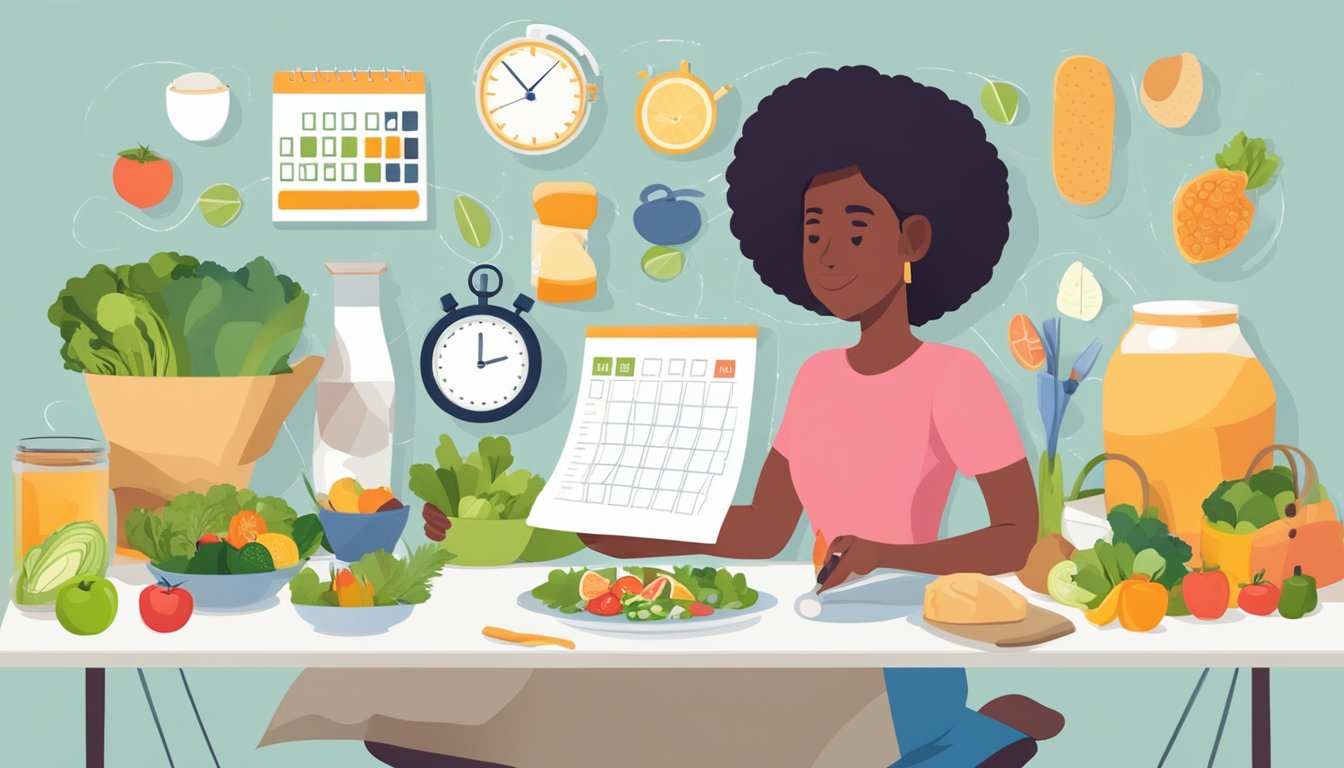 A woman preparing a meal, surrounded by a calendar, healthy food, and a stopwatch, symbolizing the unique challenges and benefits of 5:2 fasting for women