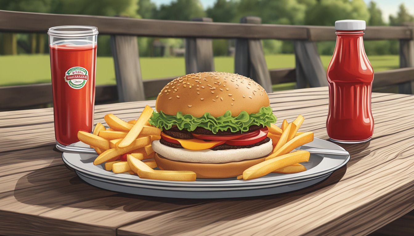 A bottle of Sir Kensington's Classic Ketchup on a picnic table with a plate of fries and a burger