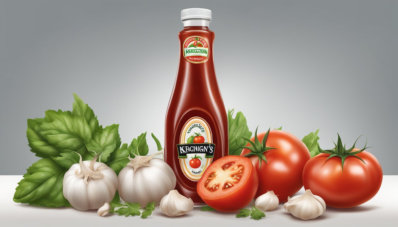 A bottle of Sir Kensington's Classic Ketchup surrounded by ripe tomatoes and fresh garlic