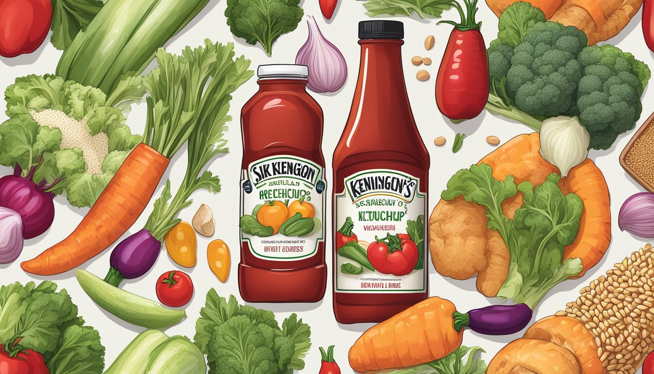 A bottle of Sir Kensington's classic ketchup surrounded by fresh, colorful vegetables and a variety of whole grains