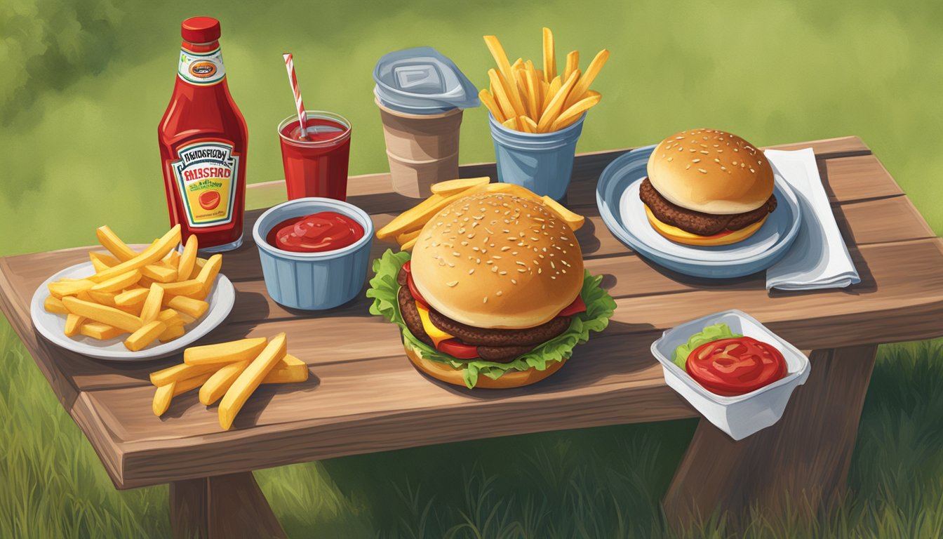 A picnic table with a burger and fries, a bottle of Sir Kensington's Classic Ketchup open next to them