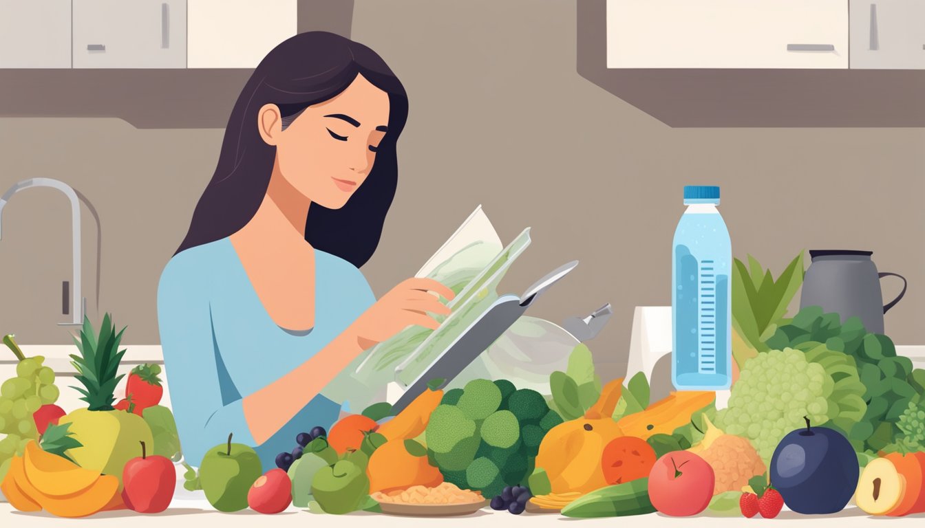 A woman preparing a balanced meal while reading about 5:2 fasting, surrounded by fruits, vegetables, and a water bottle