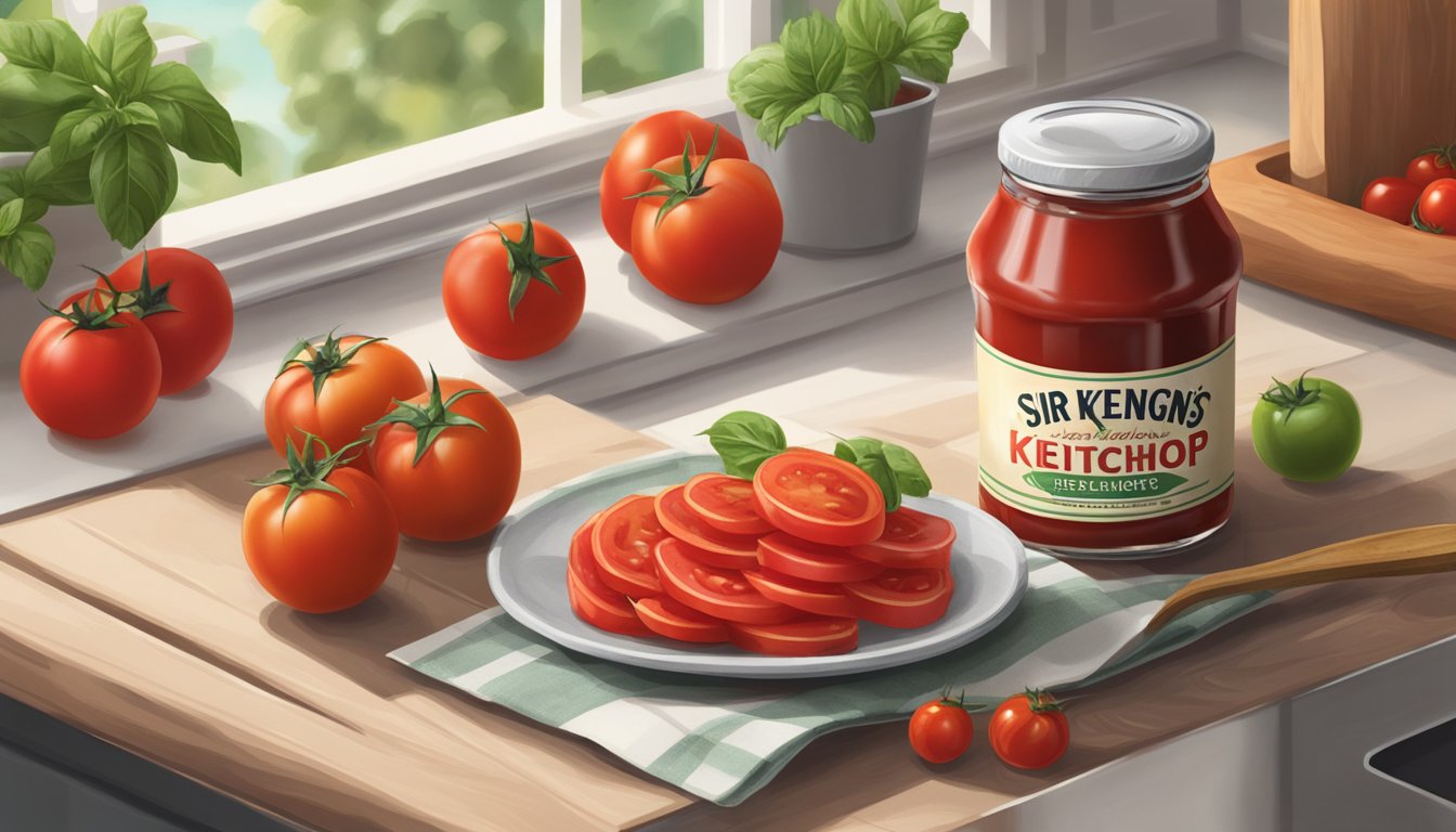 A glass bottle of Sir Kensington's classic ketchup on a clean, modern kitchen countertop, surrounded by fresh tomatoes and a rustic wooden spoon