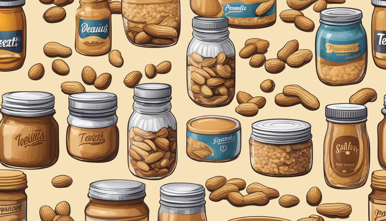 A variety of peanuts, jars of peanut butter, and taste testers on a table