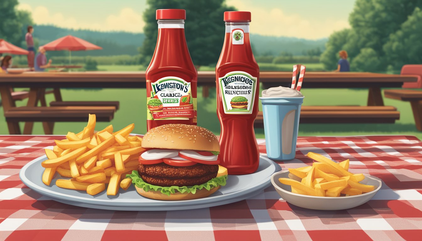 A bottle of Sir Kensington's classic ketchup sits on a picnic table next to a plate of fries and a burger. A family enjoys a meal in the background