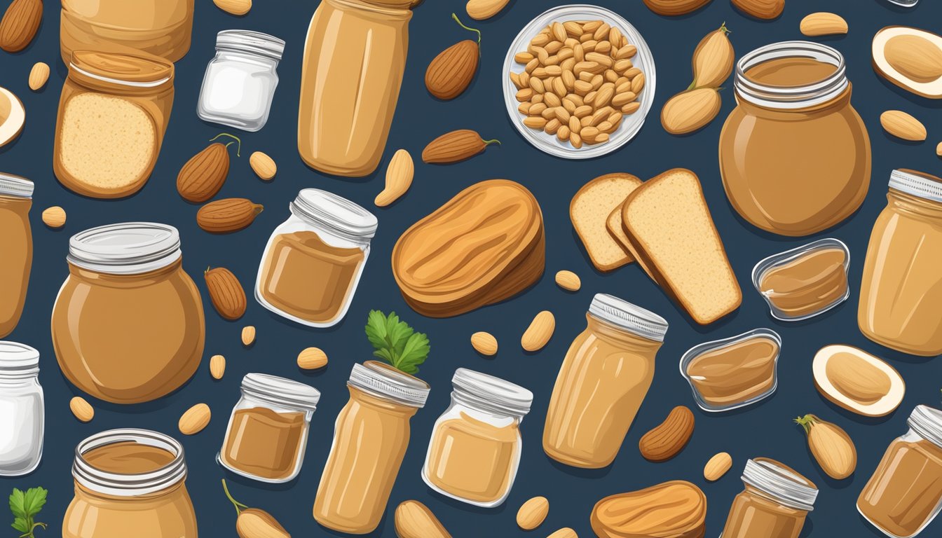 A variety of peanut butter jars surrounded by fresh peanuts, whole grain bread, and a selection of fruits and vegetables