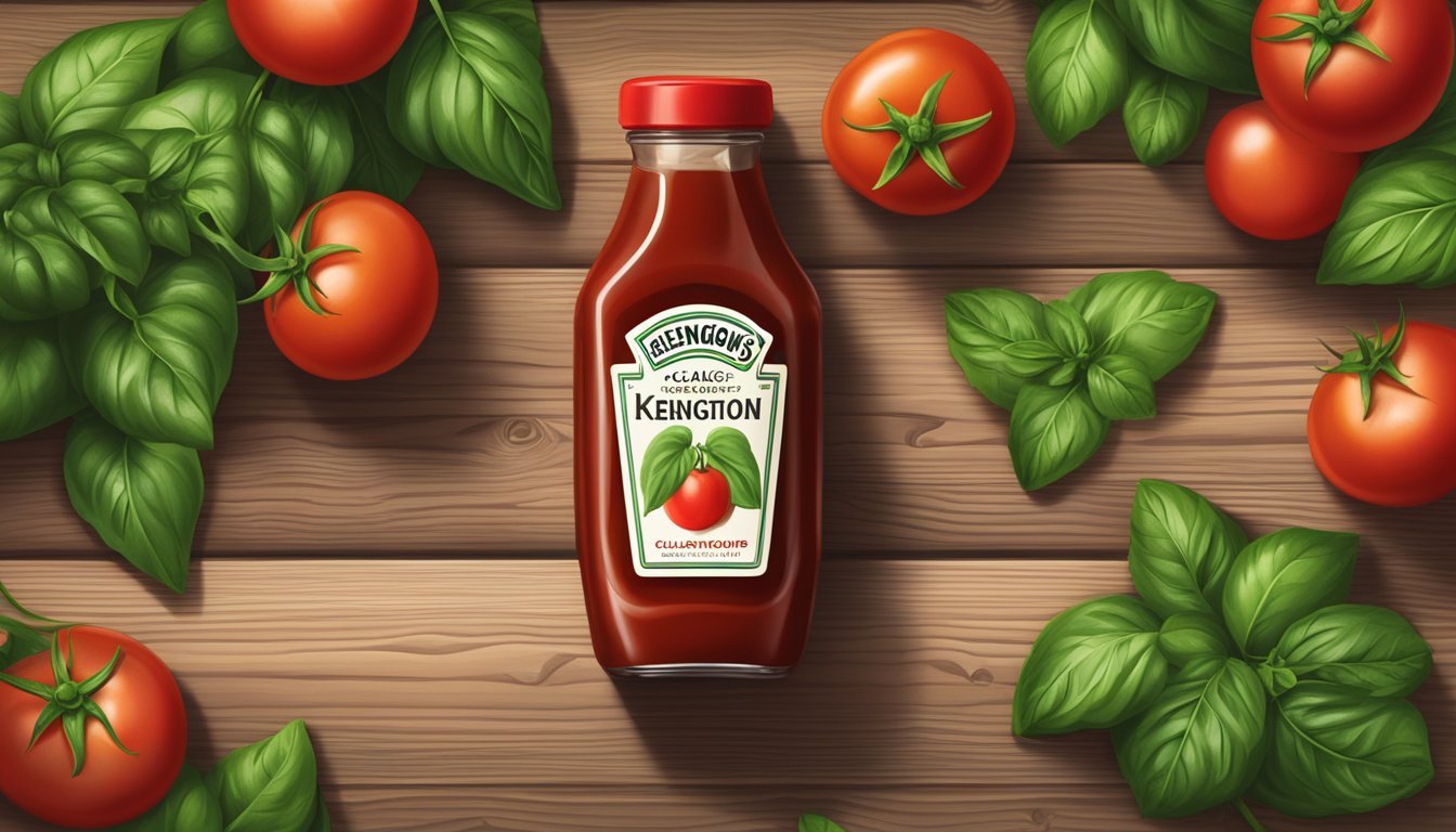 A bottle of Sir Kensington's classic ketchup surrounded by fresh, ripe tomatoes and vibrant green basil leaves on a wooden table